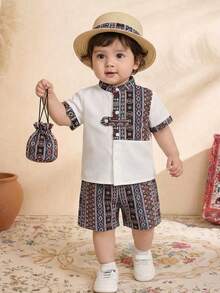 SHEIN 2 pièces/Set Top à manches courtes et short pour tout-petits garçons/filles, en patchwork de couleurs contrastées et motifs traditionnels. Ensemble confortable, polyvalent, décontracté chic et mignon, rétro traditionnel. Convient pour le printemps/été, intérieur, extérieur, quotidien, sport, fête, séance photo, festival, nouvel an, rentrée des classes - Rouge foncé - Voir 1