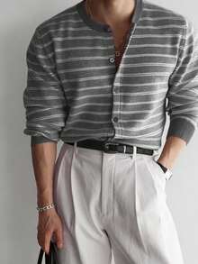 Airaco Men's Casual Striped Button-Front T-Shirt, Spring/Autumn - Grey - View 4