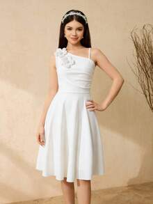 Weißes asymmetrisches Schulter-Strickkleid für Teenager-Mädchen. Elegant und modisch, weicher und angenehmer Stoff, geeignet für den täglichen Gebrauch und festliche Anlässe. - Champagnerfarben - Übersicht 1