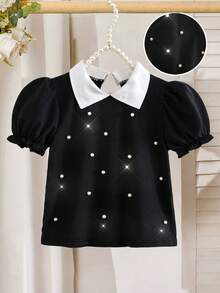 Girls' Elegant Black & White Contrast Pearl Decor Collared Short Sleeve Shirt Blouses, Summer Wedding Peter Pan Collar Rhinestone Tops For Young Girls - Multicolor - View 7