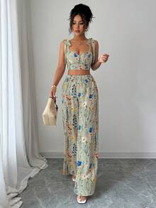 Elenzga 2件套 女士标准尺码吊带露背镂空设计+高腰阔腿直筒裤 - 薄荷綠 - 查看 3