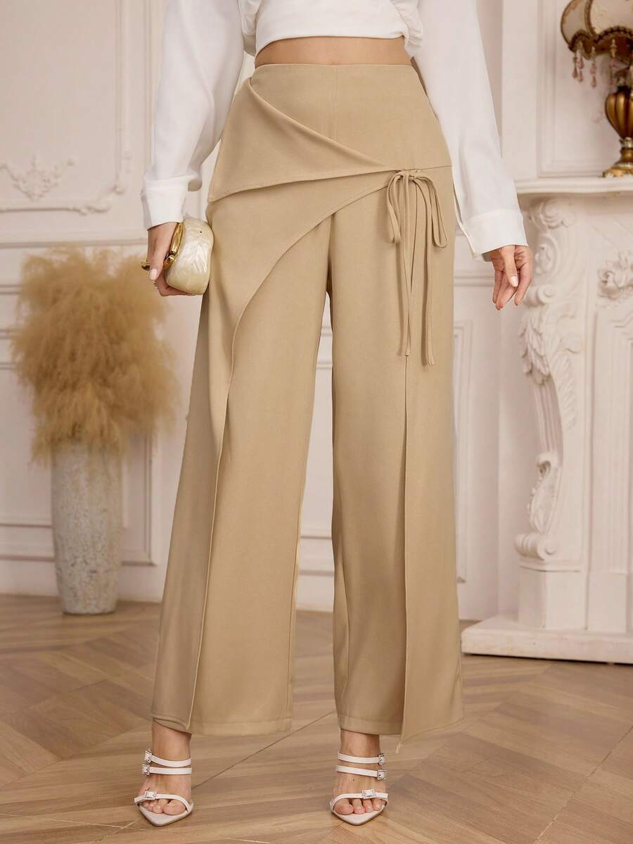 Modelyn 女士休闲通勤侧系腰宽松垂坠修身裤 - 卡其色 - 查看 1