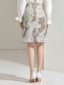 DAZY 提花数码印花直筒中长款优雅度假半身裙，女士春夏款 - 杏色 - 查看 2