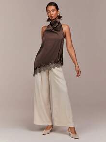 COSMINA Satin Brown Asymmetric Hem Lace Patchwork Sleeveless Camisole Top, Casual Elegant Office Commute Modern Y2K Spaghetti Strap Blouse, Halter Top, Brown Top, Cowl Neck Top, Casual Top, Lace Satin Top, Summer And Spring Top, Going-Out Top - Brown - View 5