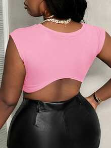 Slaydiva Slayr Plus Size Women Sleeveless Tight Ripped Knotted Letter Print Tank Top, Going Out Tops - Pink - View 3