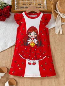 女童短袖连衣裙，公主图案印花撞色拼接酒红色玫瑰花卉公主裙，红色连衣裙，适合外出和节日穿着，斋月佳丽