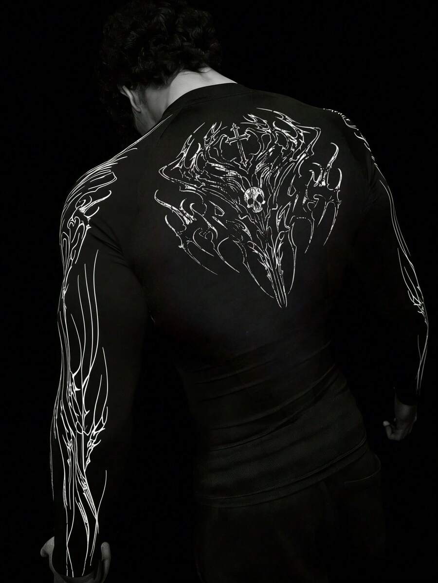 GymBeat Men's Cross & Skull Print Long Sleeve Athletic T-Shirt - Black - View 1