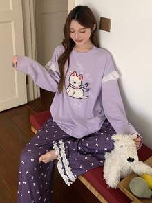 DAZY 2件套毛绒小狗图案宽松长袖T恤和蕾丝拼接蝴蝶结印花长裤睡衣套装，女士秋季款 - 紫色 - 查看 5