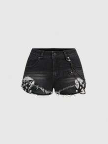 ROMWE Grunge Punk Y2K Low Waist Distressed Chain & Skull Print Women Denim Shorts - Black - View 1