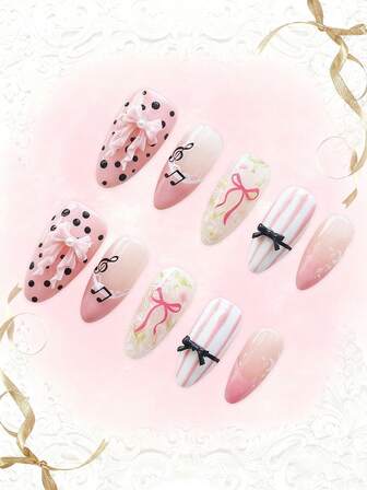 Anime 10pcs Cute Bowknot Music Note Star Element High Quality Handmade False Nails + 3pcs Double-Sided Adhesive, Y2K French Style Rhinestone Chain Polka Dot Removable Nail Art Stickers, Suitable For Holidays, Parties, Dancing And Daily Wear