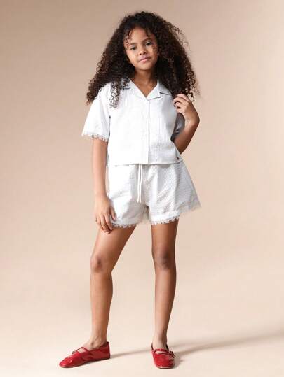 SUMWON 少女条纹纽扣衬衫和短裤两件套，短袖，流苏下摆细节，夏季休闲搭配套装