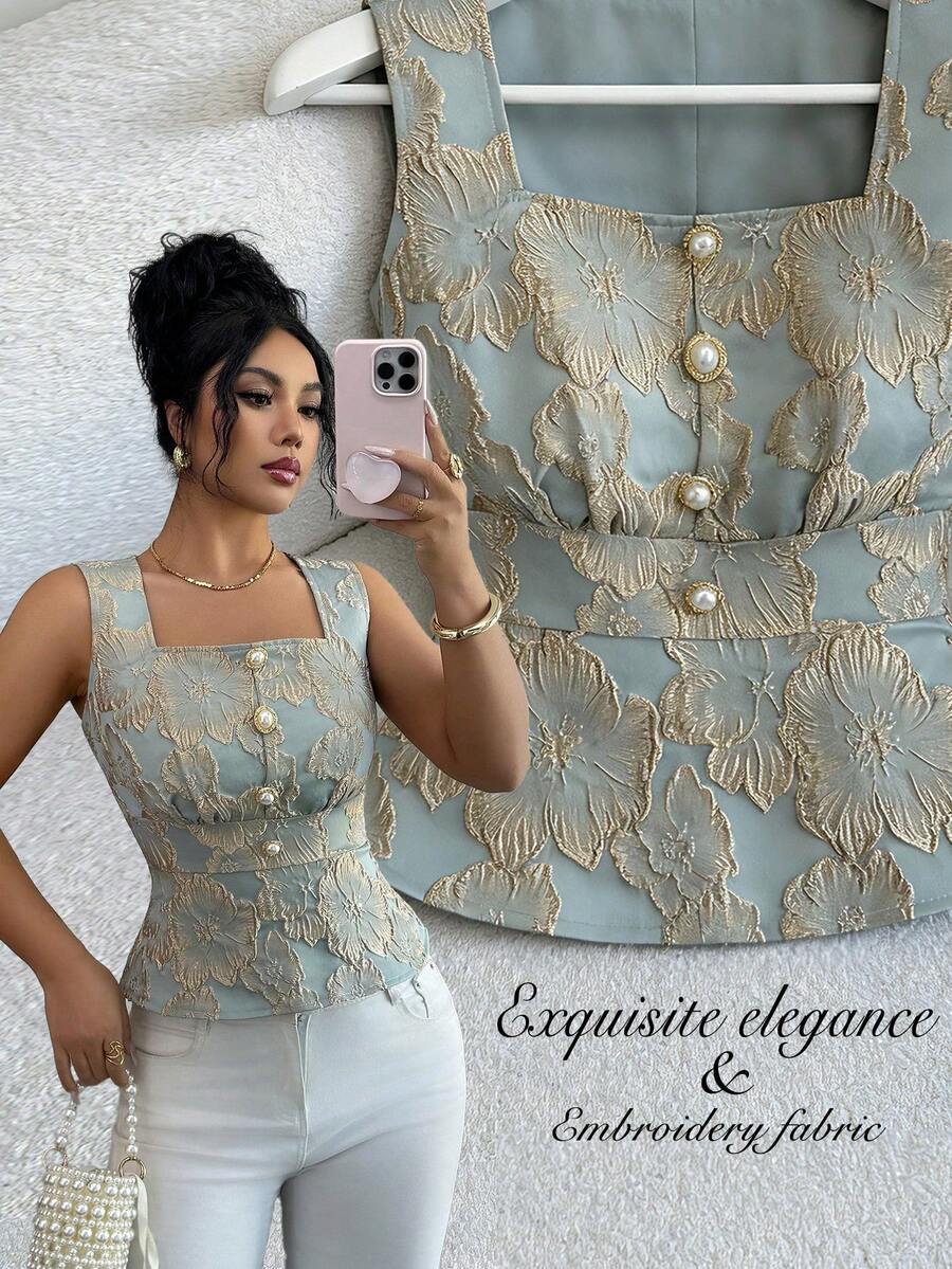 Elenzga 女士优雅法式通勤风百搭方领立体刺绣花卉无袖收腰修身绿色珍珠纽扣吊带背心，适合夏季穿着 - 綠色 - 查看 1