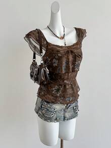 Sweetra Áo thun cổ nơ phong cách Y2K gợi cảm, chất liệu lưới co giãn, phối ren, họa tiết paisley nhiều lớp, thích hợp cho kỳ nghỉ, hẹn hò, tụ họp đường phố, lễ hội âm nhạc, mùa xuân/hè/thu. - Nhiều màu - Xem 3
