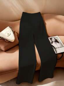 Franclia 女士纯色杏色撞色条纹装饰宽松阔腿裤，休闲日常百搭，通勤舒适，法式优雅，春秋季夏季 - 黑色 - 查看 2