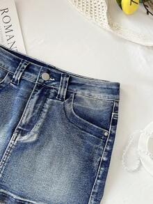 Elamini 时尚休闲星形印花低腰牛仔迷你裙 - 中等水洗藍 - 查看 4