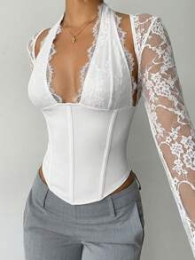 Aloruh 女士新款浪漫优雅性感蕾丝拼接紧身镂空长袖上衣，适合约会、派对、外出 - 白色 - 查看 8