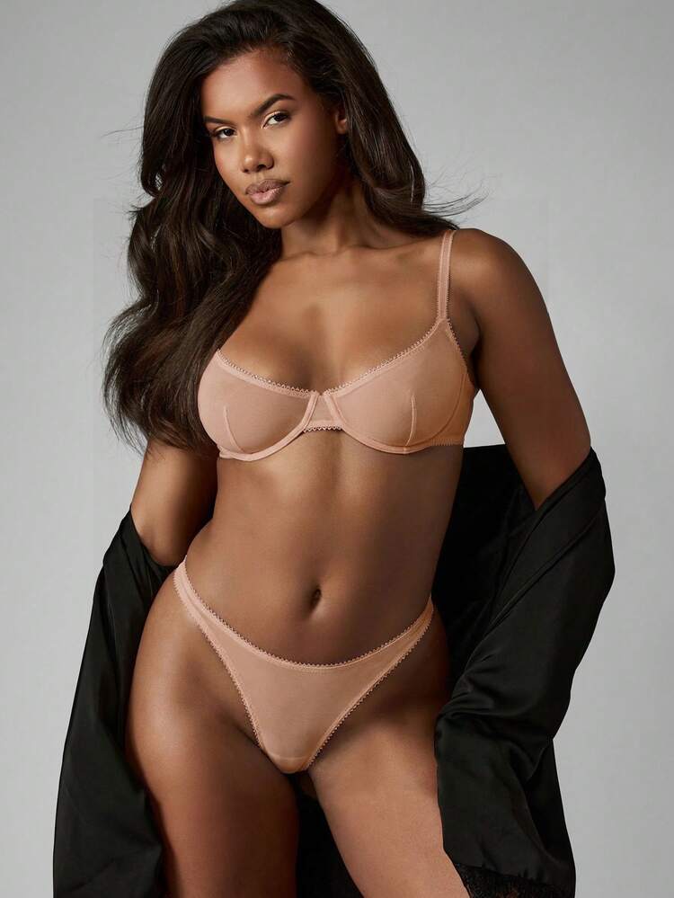 MISSGUIDED 여성용 메시 언더와이어 세트 시어 브라렛과 어울리는 팬티 친밀한 란제리 컬렉션 투명하고 섬세한 레이스 트림 나이트