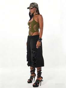 SUMWON WOMEN Body con cuello halter, recortes y detalles de cordones, con tirantes cruzados en la espalda, para festivales y raves - Verde Oliva - Ver 4