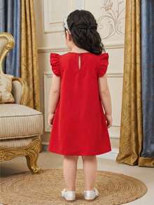 SHEIN 女婴纯色3D立体花卉装饰短袖可爱连衣裙 - 紅色 - 查看 2