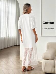 Easowa 纯棉纯色圆领短袖宽松休闲蕾丝连衣裙，适合外出、通勤、机场穿搭、复古风、优雅连衣裙、教师装、春夏长款连衣裙、春假穿搭、情人节连衣裙、沙滩连衣裙、休闲连衣裙、生日连衣裙、度假穿搭、白色连衣裙。白色A字蕾丝拼接圆领短袖长款连衣裙，适合春假穿搭、情人节连衣裙、沙滩连衣裙、婚礼宾客连衣裙、生日连衣裙、度假穿搭、休闲连衣裙、白色连衣裙。 - 白色 - 查看 5