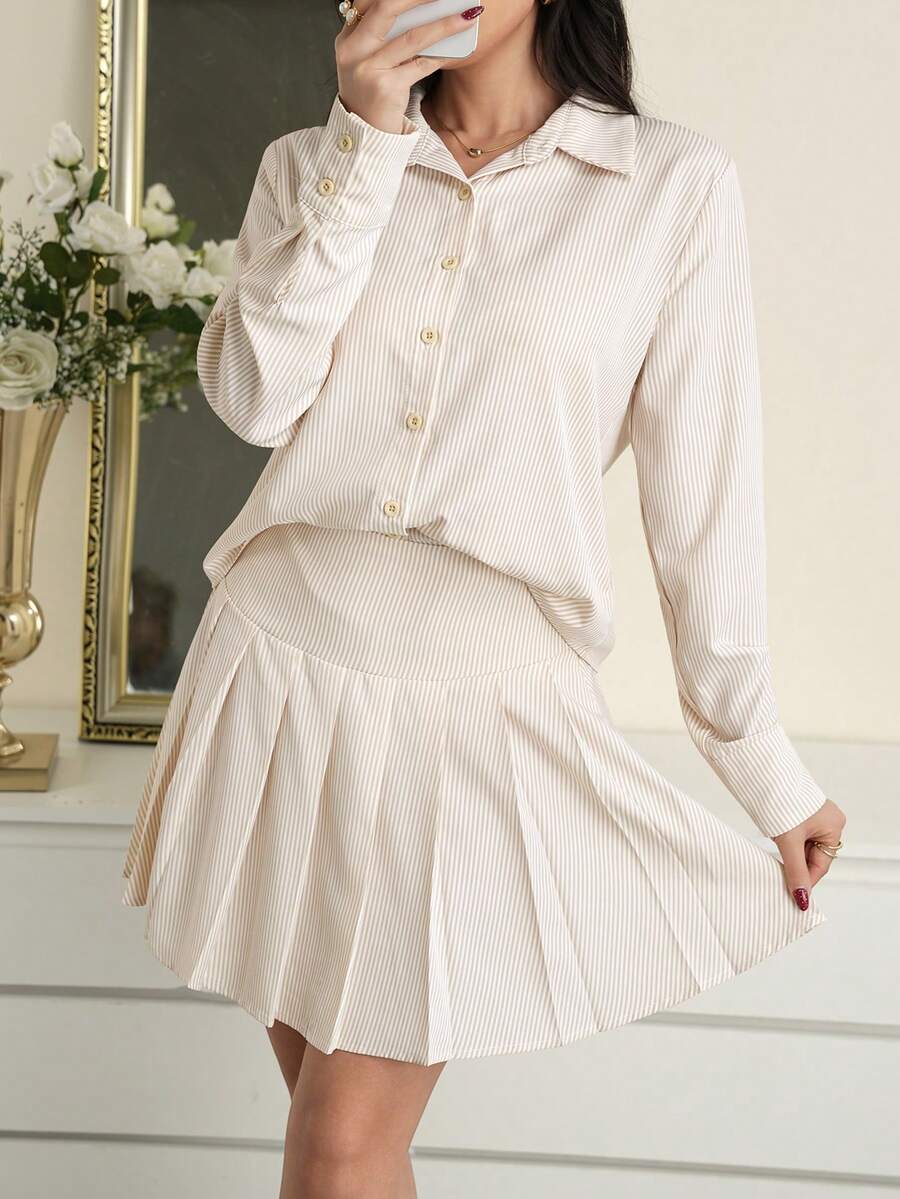 Modelyn Ensemble 2 pièces élégant pour femme, chemise à boutons rayée et jupe plissée pour le travail, automne - Nude - Voir 1