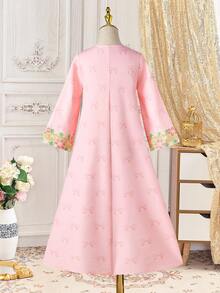 SHEIN Tween Girl Floral Embroidery V-Neck Long Sleeve Tassel Design Elegant Dress - Pink - View 4