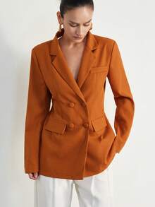 Aveloria Modichic Vintage French European Style Double-Breasted Lapel Collar Blazer - Coral Orange - View 5