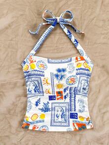 Soleia Plus Size Women's White,Summer,Boho,Vacation,Holiday Knit Hibiscus Print Halter Waist Ruched Fitted Fashion Camisole,Party,Date,Easter,Beach Cruise - Multicolor - View 3