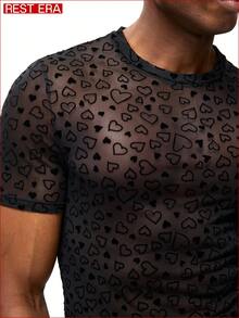 Men's Fashionable Sexy Heart Print Sheer Short Sleeve Base Layer Top, Summer - Multicolor - View 5
