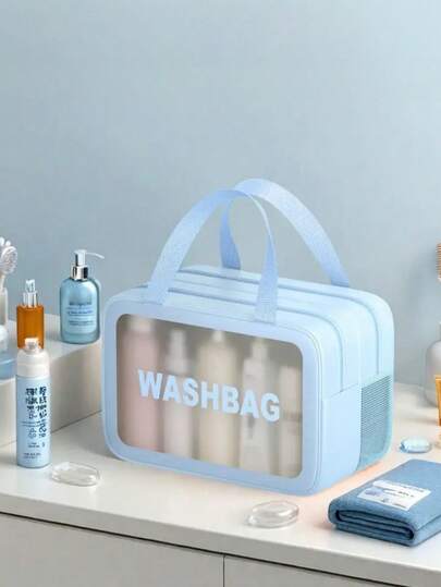 Blue PVC Makeup Bag Large Clear Transparent Toiletry Pouch Waterproof Travel Cosmetic Case Shower Tote Organizer For Women Travel Accessories