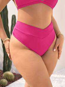 Swim SXY 大码女士纯色重叠腰部比基尼泳裤，休闲沙滩度假风 - 玫紅色 - 查看 4