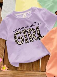 SHEIN LMoss Kids Bộ 4 áo thun ngắn tay cổ tròn in họa tiết da báo cổ điển, chữ "Mama's Girl" dành cho bé gái, thích hợp cho mùa xuân/hè. - Nhiều màu - Xem 4