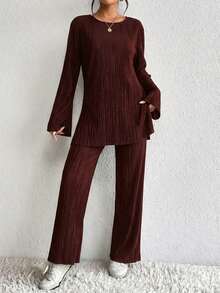 EURMUSE 2pcs Women Solid Color Crew Neck Flared Sleeve Top And Casual Pants Set, Autumn - Burgundy - View 3