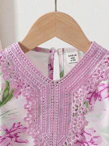 SHEIN 2pcs Baby Girls Unisex Baby Girl 0-3 Years Spring/Summer/Autumn Purple Floral Trim Pullover Top And Matching Pants Set, Suitable For Outings, Casual Wear, Party Occasions,Baby Girls Clothes,Girls Outfit Sets,Traditional Arabic Outfit,Baby Girl Floral Set,Toddler Girls Outfit Sets Traditional Arabic Clothing,Flowery And Trousers For Toddlers,Middle Eastern Traditional For Girls, Baby Girls Summer Outings - Purple - View 3