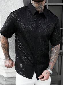 Manfinity Roughcore 亮片刺绣男士短袖单排扣衬衫，男士复古风，日常休闲、周末旅行、户外活动、探险旅行、轻松的工作环境或半正式场合，男友/丈夫礼物，周年纪念/生日礼物，派对、夏季假期、婚礼、春夏、狂欢节，男士黑色亮片短袖几何图案纽扣衬衫，时尚休闲之选，男士水钻衬衫，男士街头风衬衫，男士蕾丝衬衫，男士蕾丝网眼衬衫，哥特风男士衬衫 - 黑色 - 查看 7