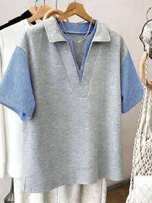 Resyla Women's Contrast Color Striped Print 2 In 1 Casual Polo Collar Short Sleeve Sweatshirt - Multicolor - View 6