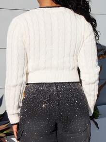 Steph T 女士时尚刺绣蝴蝶 V 领粗针织短款套头衫，秋冬款 - 米色 - 查看 2