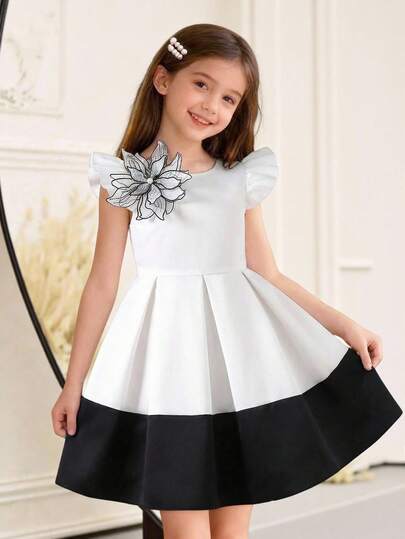 Young Girls' White Satin Fabric Patchwork Black Hem Dress With Ruffle Sleeves And 3D Flower Waist Pleated Design, Fashionable And Elegant For Daily, Commute, Vacation, Party And Gathering