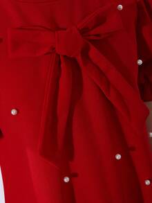 女童优雅简约时尚淑女风高领常规肩长袖宽松短款连衣裙，饰有3D蝴蝶结和珍珠，节日红色短袖连衣裙 - 酒紅色 - 查看 8