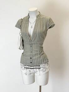 SHEIN Jeanoir Women's Fashion Casual Striped Print Button-Down Short Sleeve Shirt - Multicolor - View 3