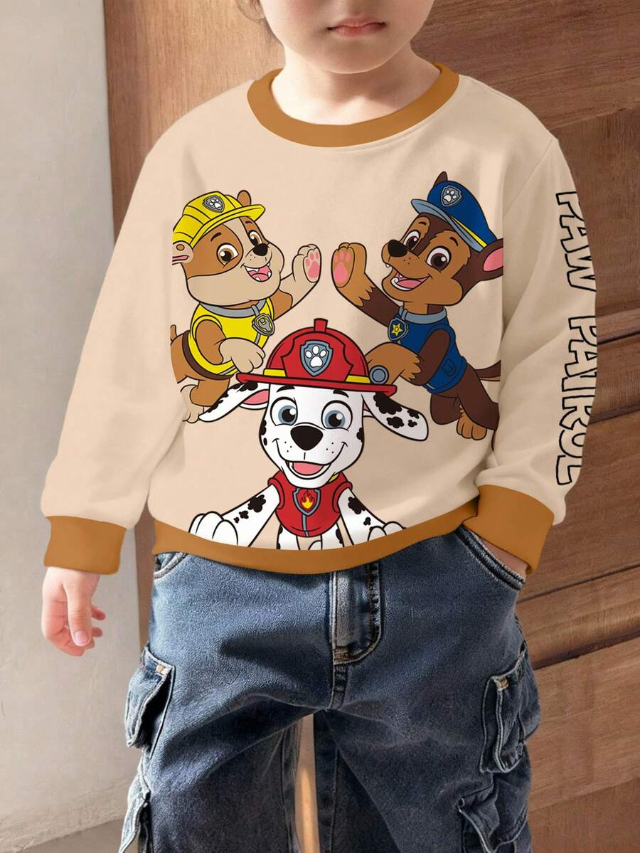 SHEIN | PAW Patrol Young Boy Casual Contrast Trim Dog Print Crew Neck Sweatshirt, Autumn - White - View 1