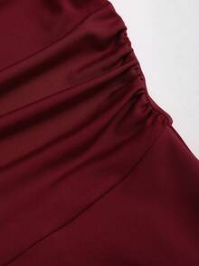 Sweetra New Elegant Commuter Oblique Shoulder Pleated Tie Waist Slimming Versatile Double-Layer Hem Women's Wine Red Long Sleeve Dress, Spring/Summer, Suitable For Dates, Parties, And Daily Outings - Red - View 4