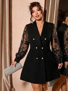 Cravure Đầm dài tay ôm eo, cổ chữ V, hai hàng cúc, dáng thanh lịch, cỡ lớn, đính sequin, có túi. - màu đen - Xem 4