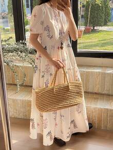 FRIFUL 女士印花圆领短袖收腰喇叭下摆宽松休闲连衣裙婚礼宾客礼服吊带裙 - 彩色 - 查看 5