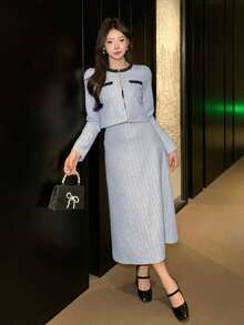 DAZY 春夏格子蓝色开衫短款上衣和A字裙套装，撞色设计，优雅百搭，适合情人节、婚礼、派对、正式场合，时尚修身，通勤两件套女装 - 藍色 - 查看 6