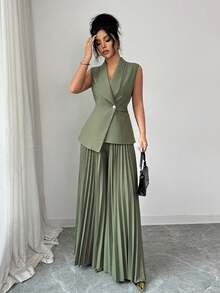 Rafferiza Bộ 2 áo không tay ve hở phía trước màu xanh quân đội có viền không đều + quần xếp ly cạp chun, thích hợp cho mùa xuân, mùa hè, mùa thu, mùa đông, Halloween, Giáng sinh, năm mới, lễ Tạ ơn, trang phục thanh lịch dành cho nữ, bộ đồ thường ngày dành cho nữ khi đi làm, đi công tác, đi chơi, văn phòng tại nhà - xanh quân đội - Xem 5