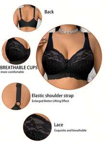 DesireSculpt Plus Size Elegant Solid Color Lace Wireless Bra - Black - View 3