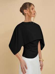 COSMINA Blusa elegante con diseño de poncho de unicolor para mujer - Negro - Ver 5