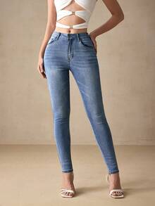 Selenza Quần jean denim rách cạp cao co giãn dành cho nữ cỡ lớn, kiểu vintage, dáng ôm sát, ống quần thon gọn. - Rửa trung bình - Xem 5