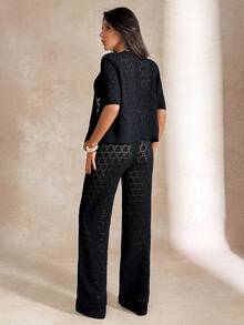 EURMUSE Black Crochet Button Front Crop Cardigan & Knit Hollow Out Pant Beachwear Cover Up Set - Black - View 5